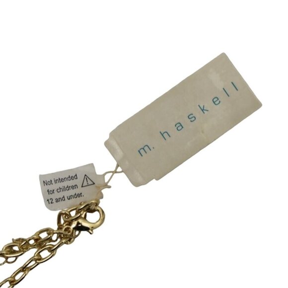 M Haskell Statement Necklace Gold Tone Folded Metal White Beads New Old Stock - Picture 5 of 5